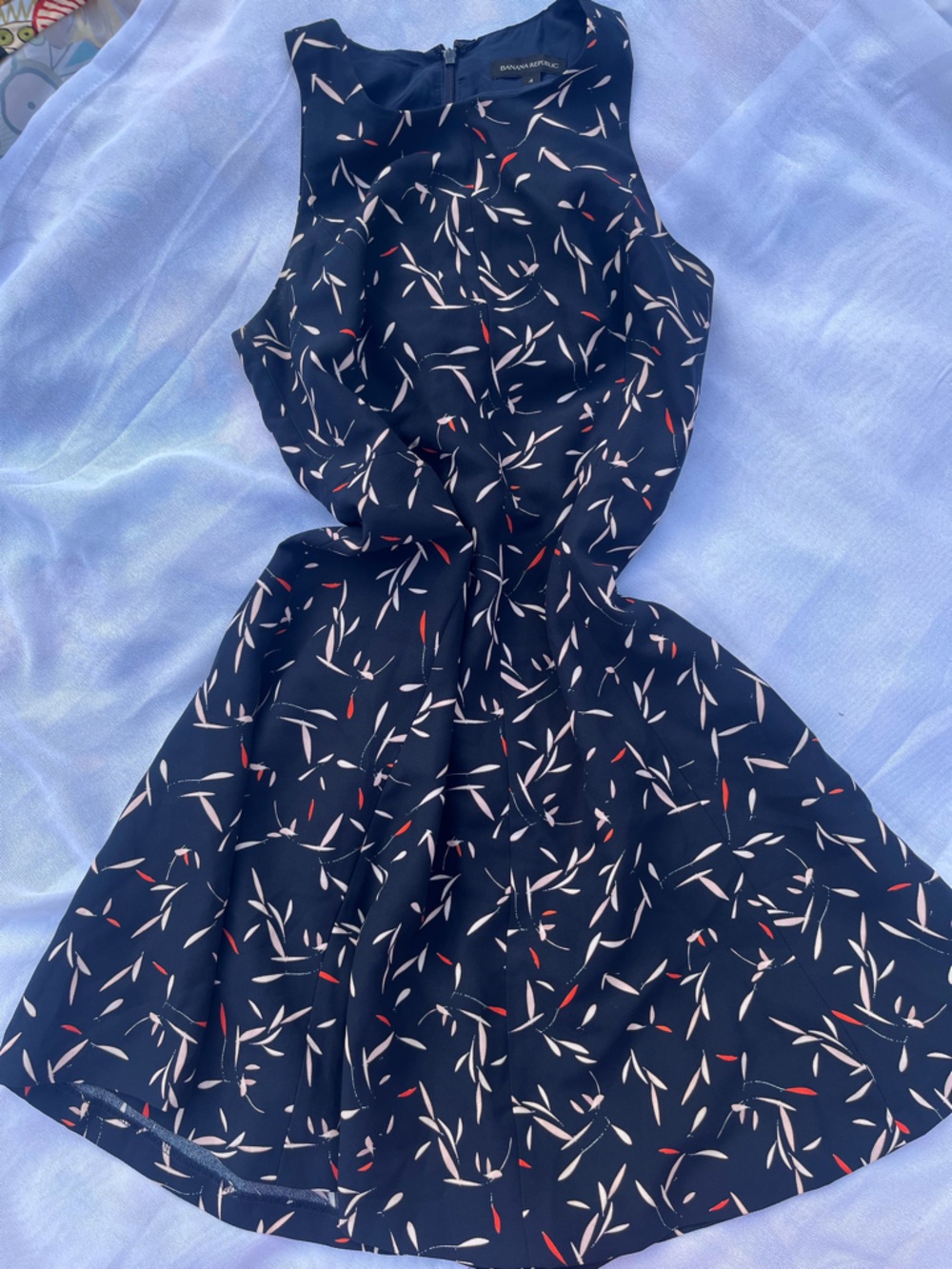 Banana Republic Navy Dress with Cream and Red Leaf Print